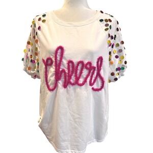 BiBi Cheers Graphic Top Womens Medium White Sequin Sleeve Festive Excellent